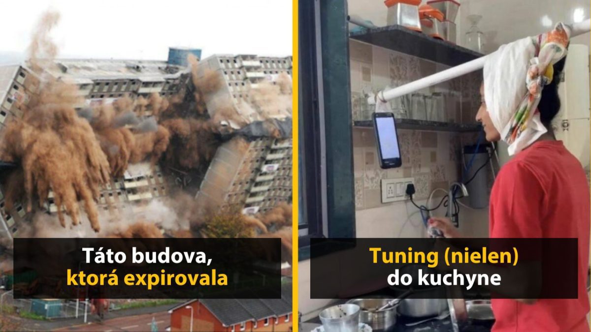 Budova počas demolácie a kreatívne kuchynské riešenie so smartfónom zaveseným na hlave.