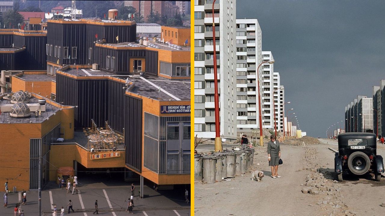 Moderná architektúra panelákov a obchodného domu s ľuďmi na ulici za socialistickej éry.