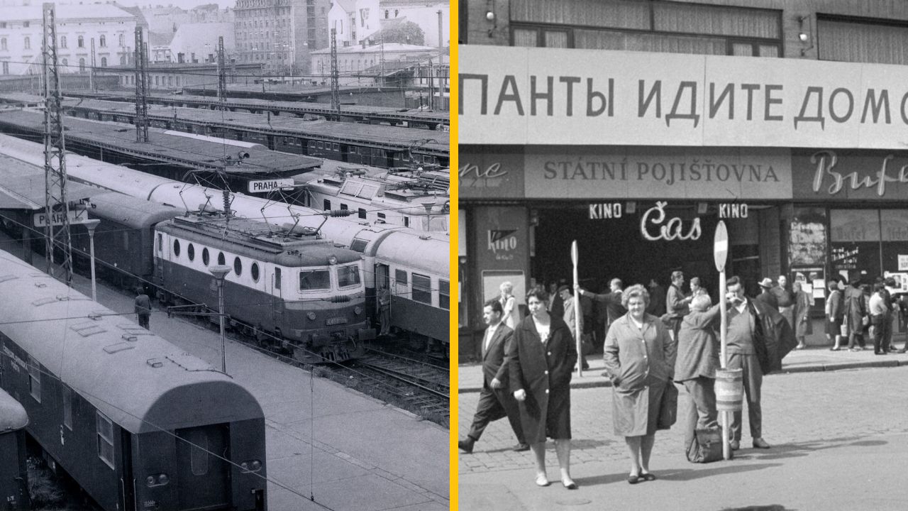 Historické fotografie Prahy: vlaková stanica a ľudia pred kinom v meste plnom pohybu.