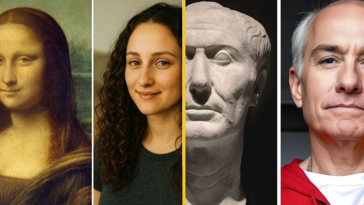 Portréty: maľba, žena, socha a muž na rozdelenej fotografii. História a modernita.