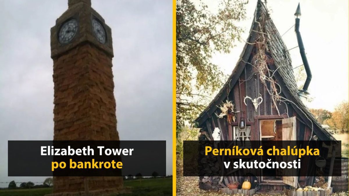 Vidiecka veža z tehál vedľa drevenej perníkovej chalúpky s ozdobami na jeseň.
