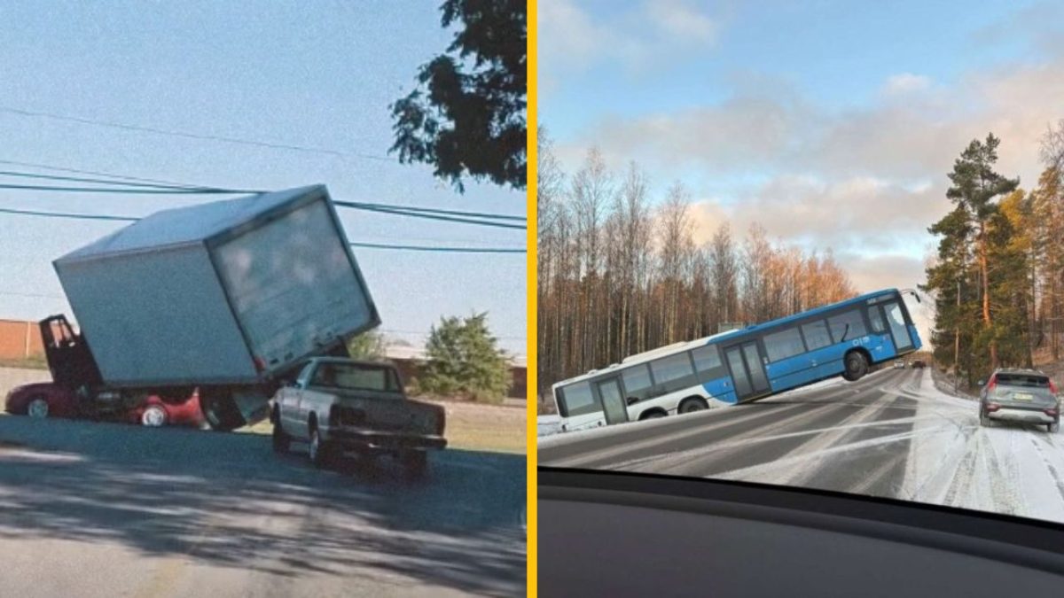 Kamión naklonený na auto a autobus na klzkej ceste, oba incidenty ukazujú náročné dopravné situácie.