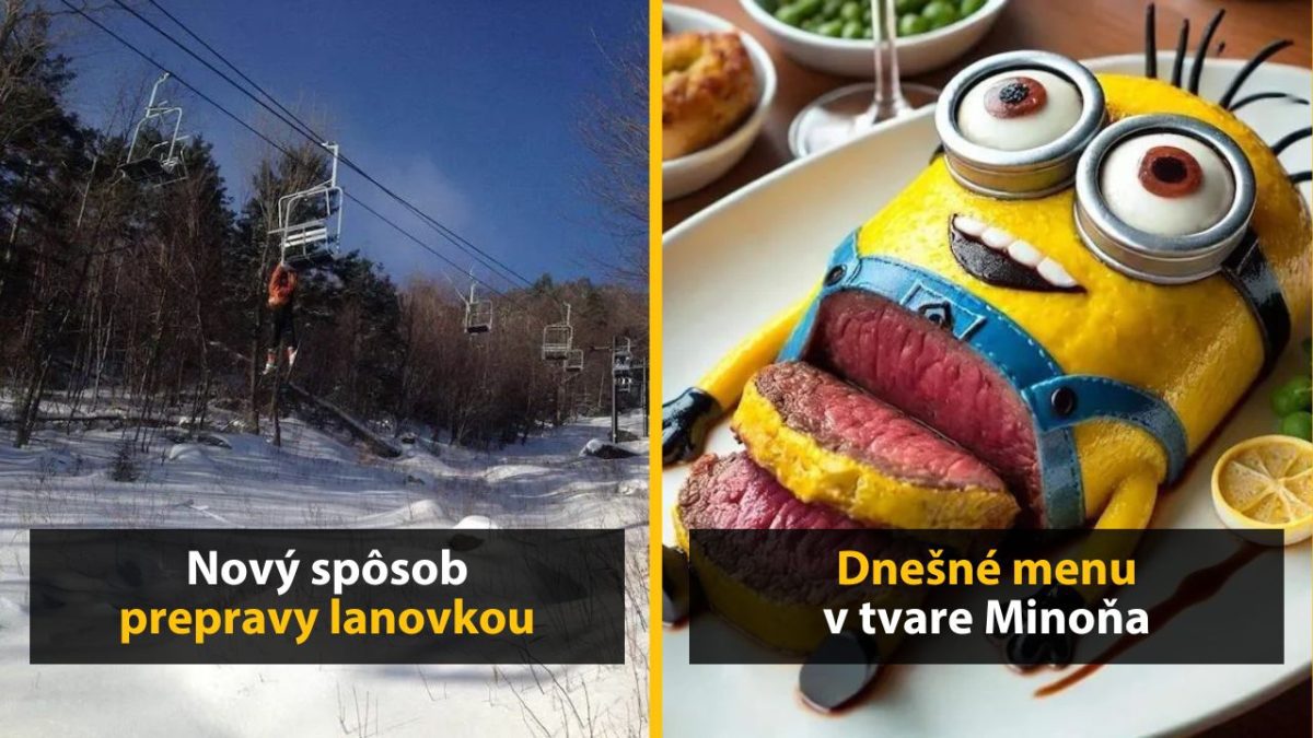 Osoba zavesená na lanovke v zime; tanier mäsa v tvare rozprávkovej postavy s prílohami.
