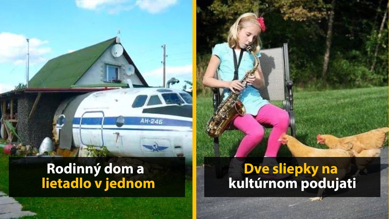 Rodinný dom s čelom lietadla a dievča hrá na saxofóne pred sliepkami na dvore.