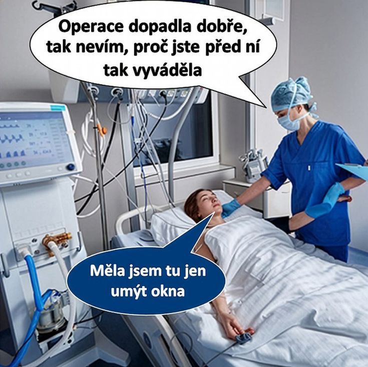 Pacientka na nemocničnom lôžku rozpráva so zdravotnou sestrou, na obrázku je vtipný komiksový text.