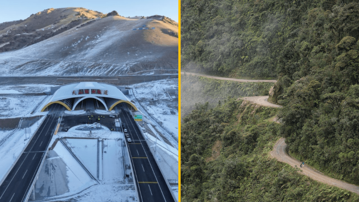 Snehová cesta cez tunel v pohorí v kontraste s kľukatou horskou cestou cez zelený les.