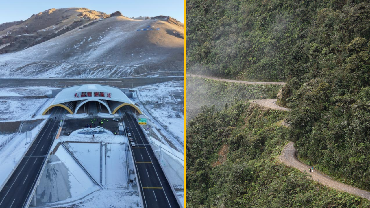 Snehová cesta cez tunel v pohorí v kontraste s kľukatou horskou cestou cez zelený les.