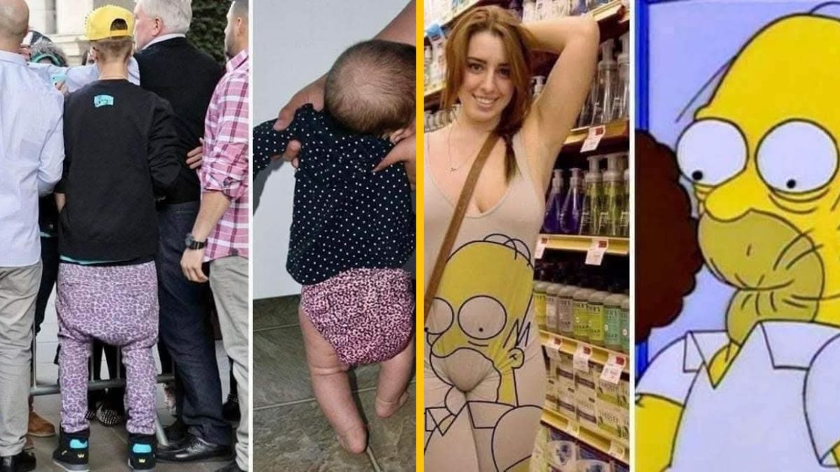 Osoby v humorných outfitoch vrátane kreslených motívov a kreatívneho detského oblečenia.