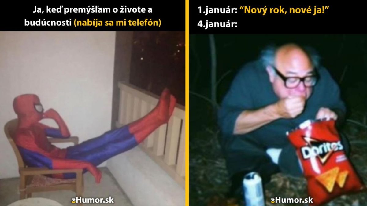 Spider-Man relaxuje na balkóne; muž s Doritos predstavuje predsavzatia a realitu.