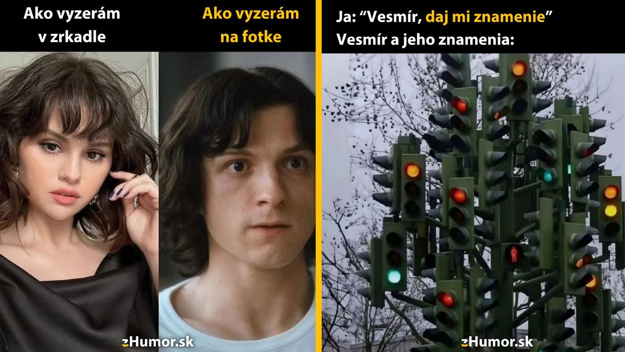 Porovnanie vzhľadu v zrkadle a na fotke, plus vesmír ako zmätok semaforov.