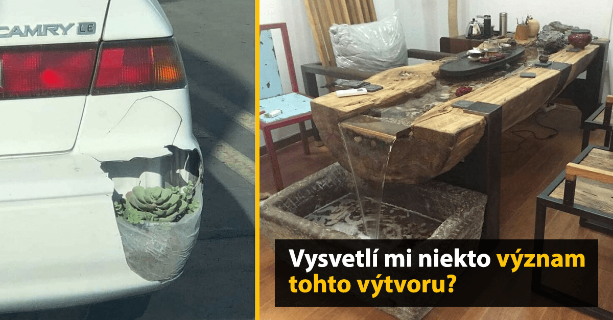 Auto s prasknutým nárazníkom s rastlinou, drevený stôl s vodnou fontánou, text: Vysvetlí mi niekto význam tohto výtvoru?