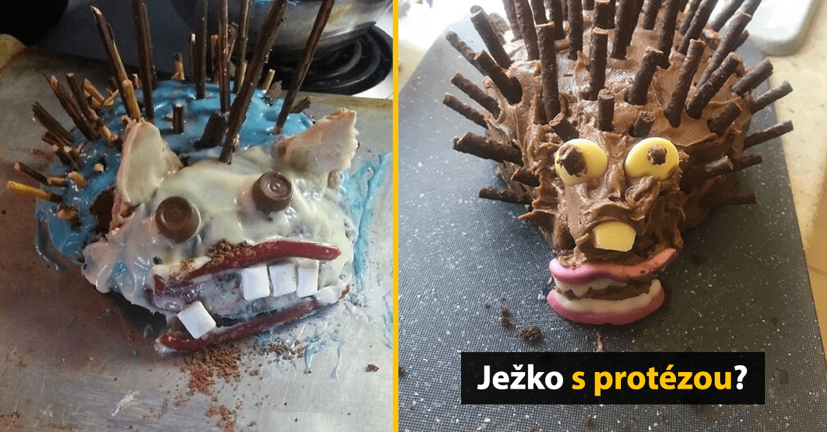 Vtipný pokus o pečenie: ježko z koláča so sladkými zubmi a špajľovými tŕňmi.