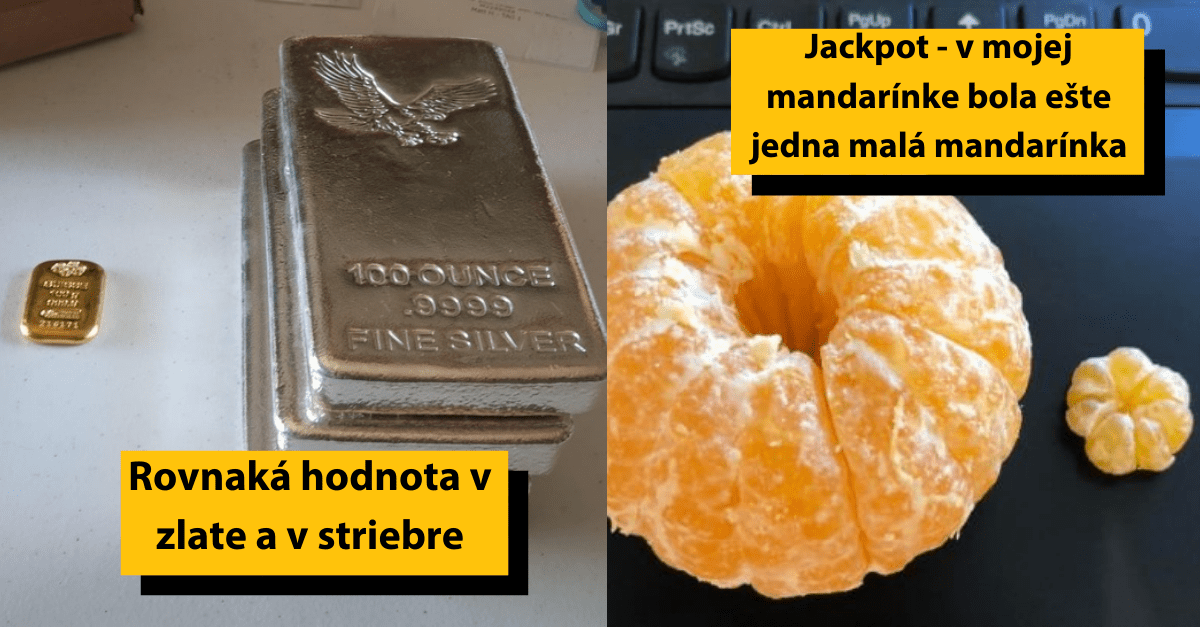 Zlatá a strieborná tehlička vedľa mandarínky s malou mandarínkou vo vnútri, vtipný kontrast hodnôt.