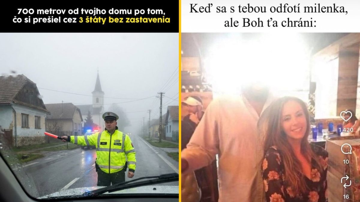 Policajt kontroluje auto v mlhavej obci; rozmazaná fotka dvoch ľudí v reštaurácii.