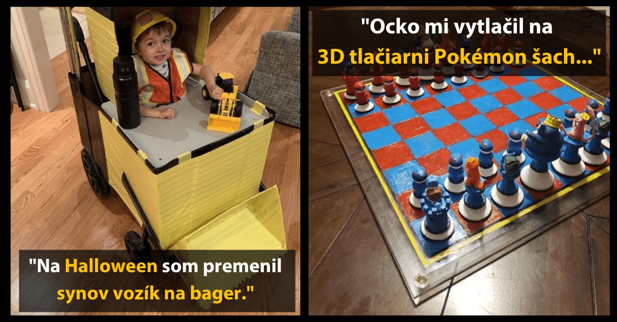 Dieťa v kostýme bagra a šachová súprava s postavami Pokémonov. Kreatívne nápady pre Halloween a 3D tlač.