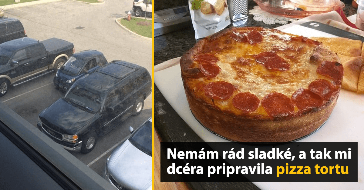 Pizza torta s pepperoni pripravená namiesto sladkej torty na kuchynskej doske vedľa parkoviska.