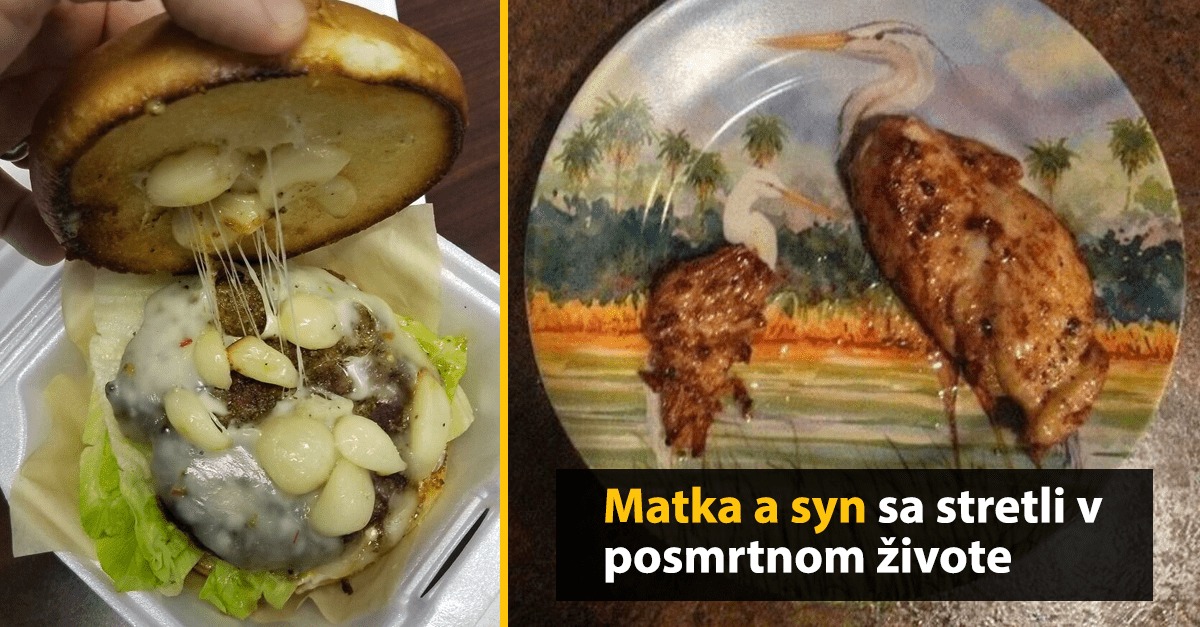 Burger s cesnakom a syrom vedľa mäsa podávaného na tanieri s prírodným motívom.