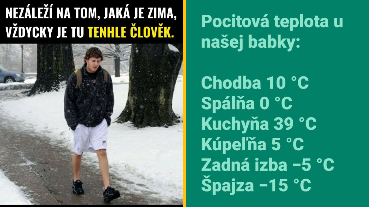 Mladík v krátkych nohaviciach kráča zasneženým parkom, zatiaľ čo vedľa je popis pocitovej teploty z rôznych miestností u babky.