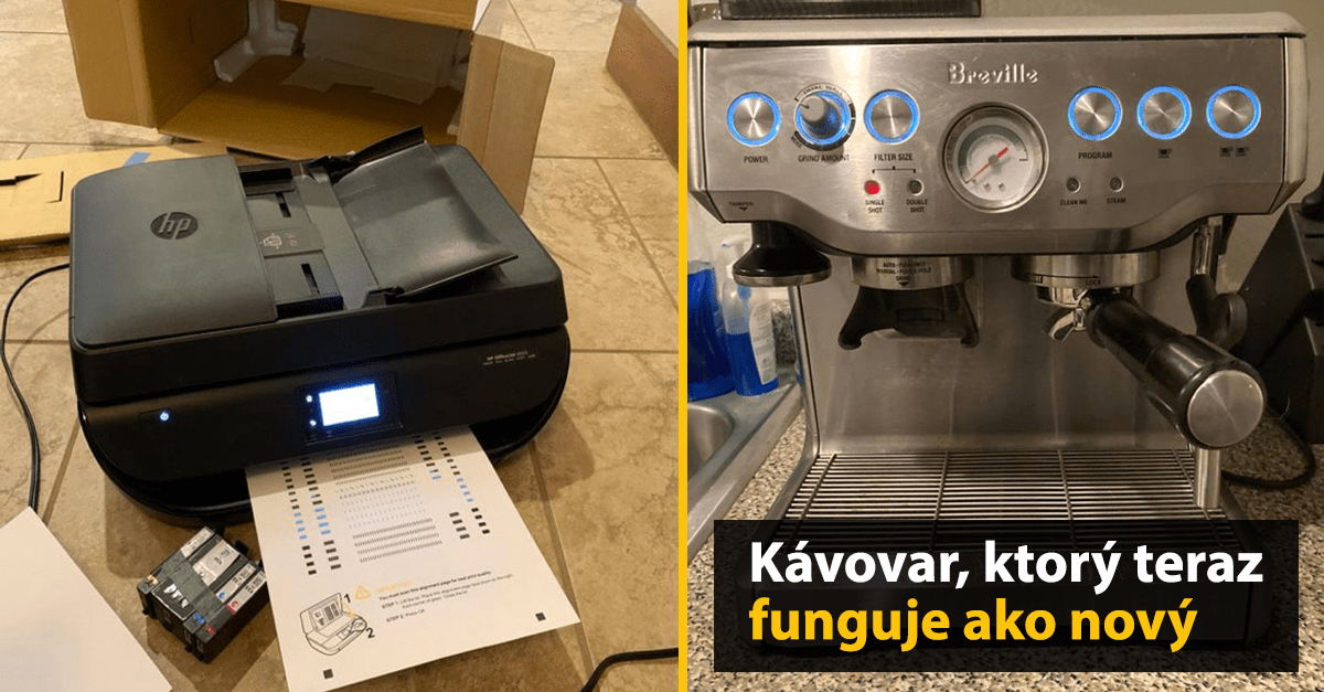 Tlačiareň na podlahe s vytlačeným hárkom vedľa kávovaru v kuchyni s nápisom Kávovar, ktorý teraz funguje ako nový.