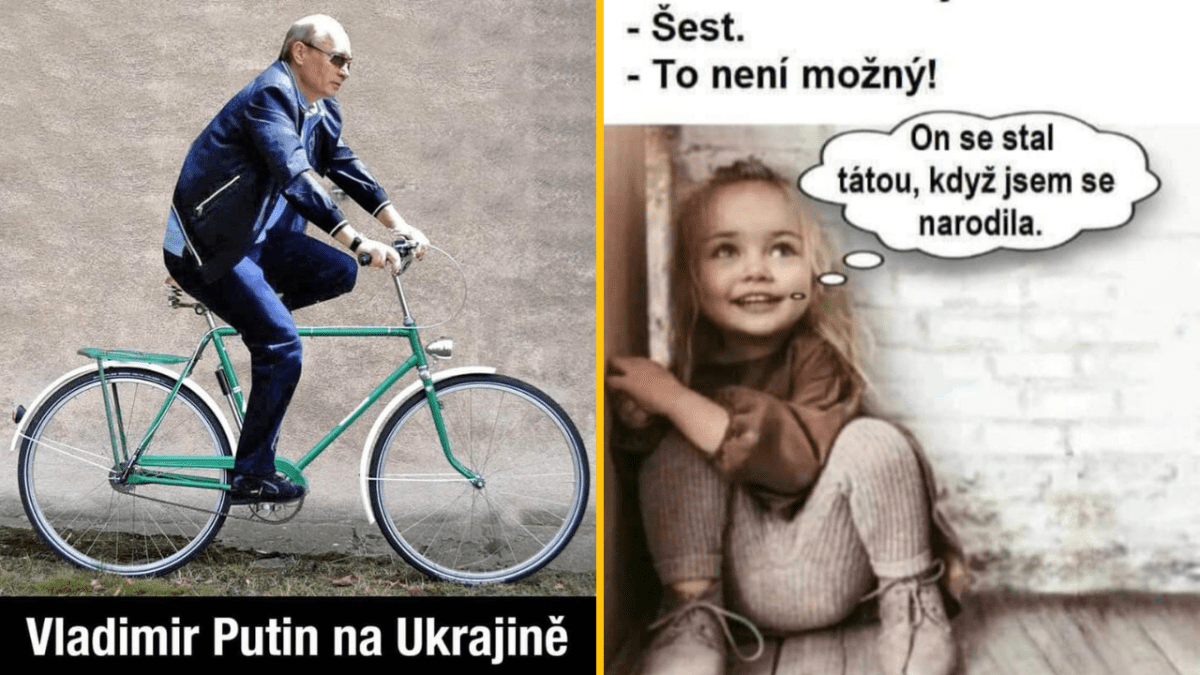 Osoba v saku na bicykli vedľa dievčaťa s bublinou, ktorá komentuje jeho vek prekladanou anekdotou.