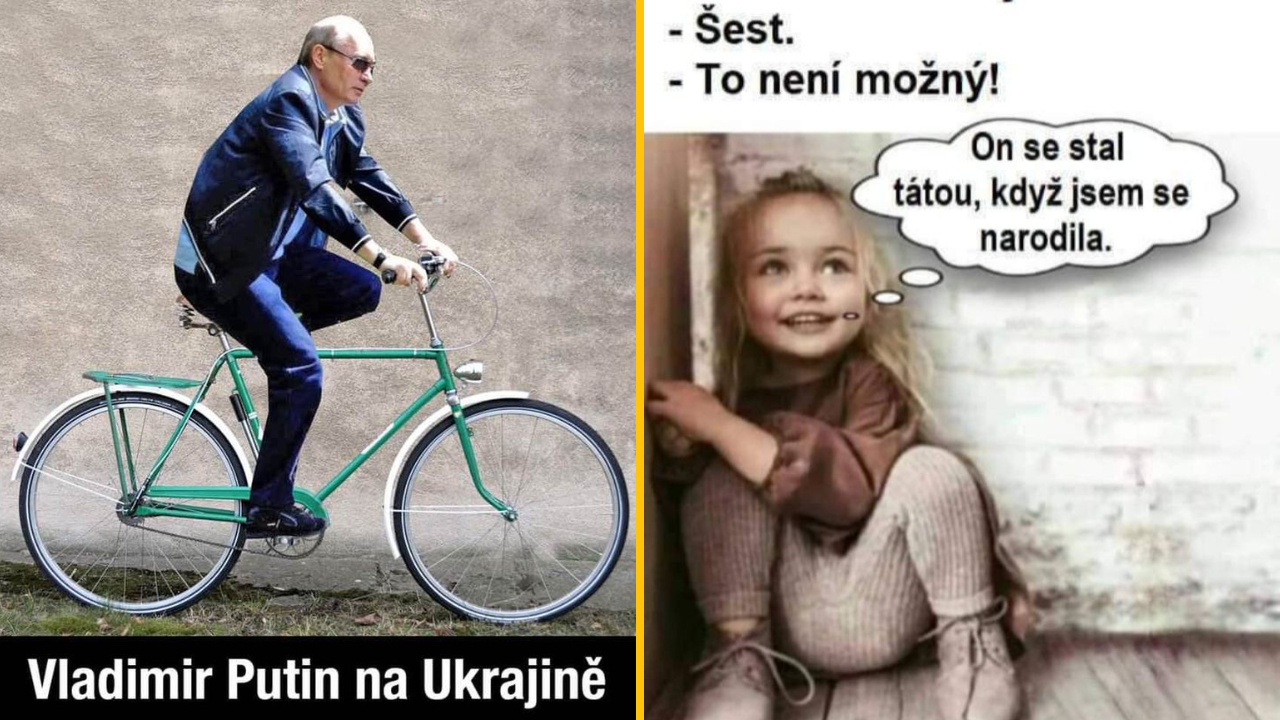 Osoba v saku na bicykli vedľa dievčaťa s bublinou, ktorá komentuje jeho vek prekladanou anekdotou.
