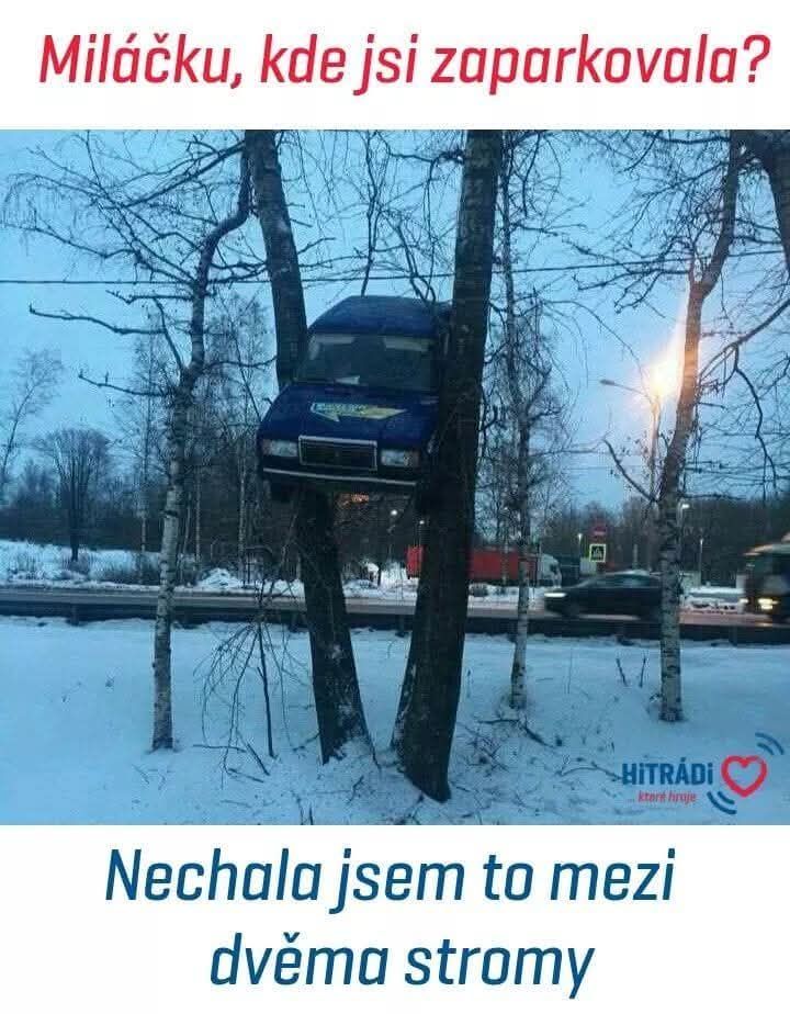 Auto zaparkované medzi dvoma stromami pri ceste v zasneženej krajine, vtipná situácia.