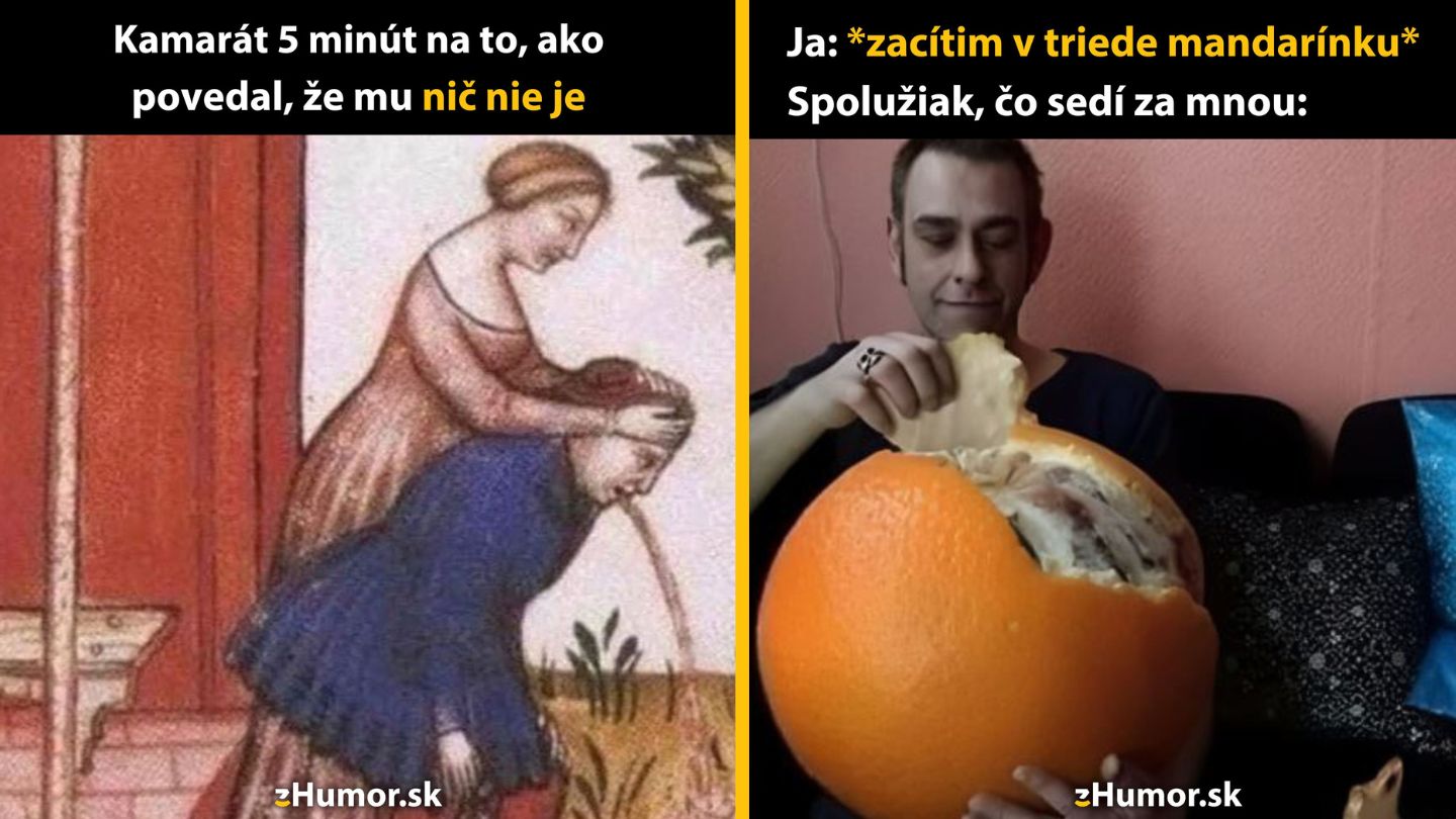 Stredoveké vyobrazenie človeka s nevoľnosťou a muž lúpa obrovskú mandarínku, meme situácia.