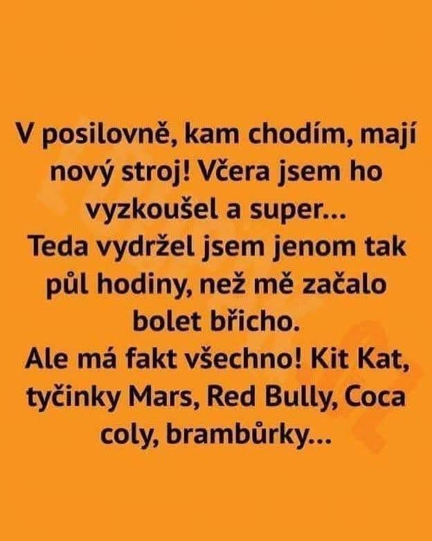 Vtipný text o návšteve posilňovne s novým strojom plným sladkostí a nápojov, ktorý spôsobil bolesť brucha.