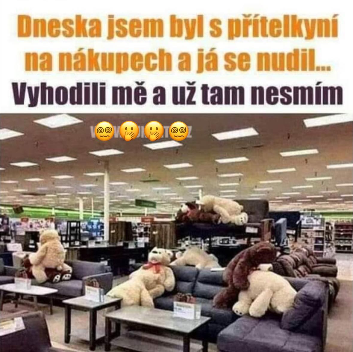 Obchod s plyšovými medveďmi v zábavných pózach na sedačkách, humoristický text o nákupe a dlhé chvíle.
