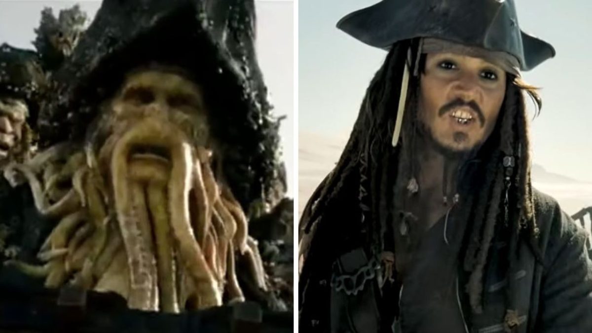 Pirátske postavy v klobúkoch z filmovej série s námornou tematikou, jeden má chápadlá namiesto brady.