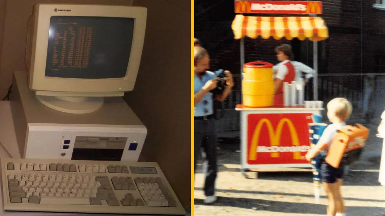 Starý počítač Samsung a retro McDonald's stánek s nízkym rozlíšením, zachytávajúce nostalgiu minulých rokov.