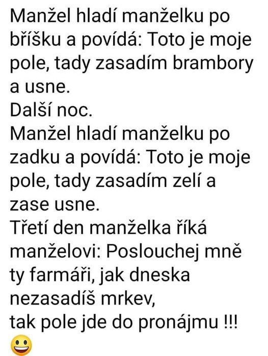 Humorný text o manželovi a manželke, ktorí diskutujú o farmárčení a nájom.
