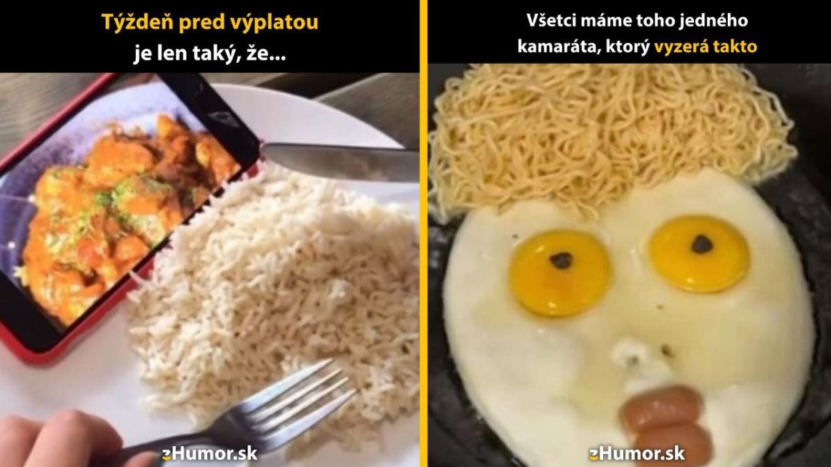 Humorné meme s rýžou, mobilom a praženými vajcami, ktoré vytvárajú zábavnú tvár.