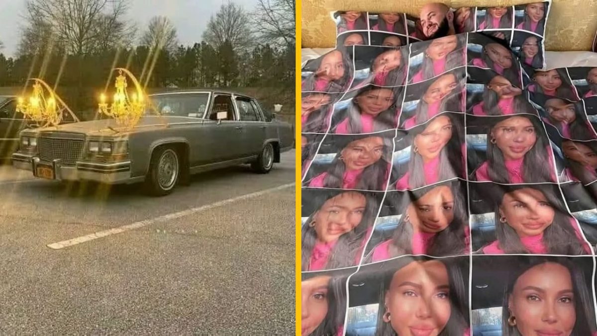 Staré auto s lustrami a posteľná bielizeň s tvárou ženy prinášajú excentrický dizajn a netradičný štýl.