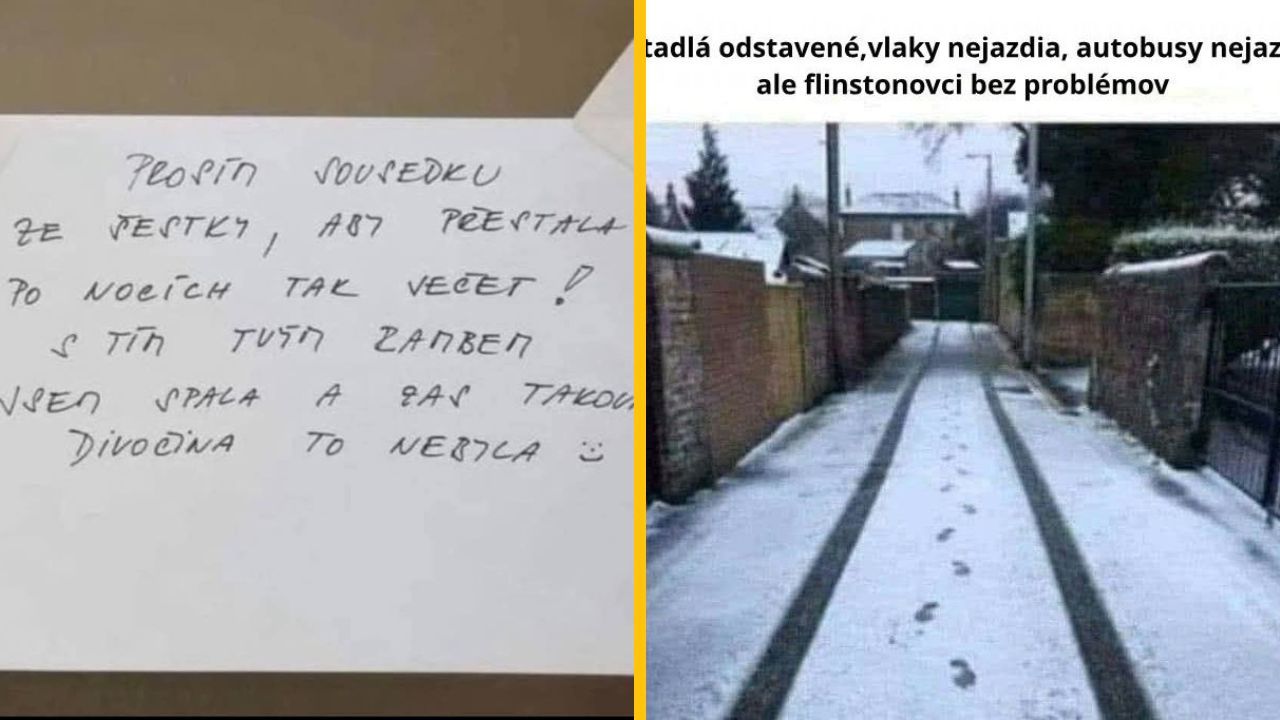 Ručne písaný odkaz susedom a zimná cesta so stopami v snehu. Humor a susedské vzťahy v zime.