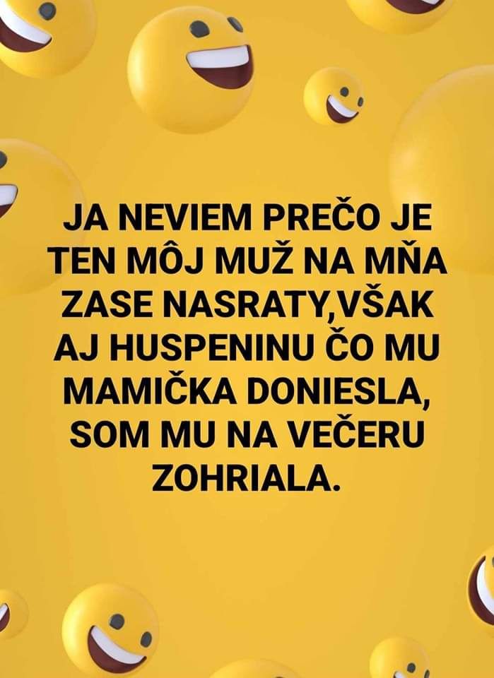 Usmievajúce sa emotikony na žltom pozadí s vtipným textom o partnerovi a huspenine od mamy.