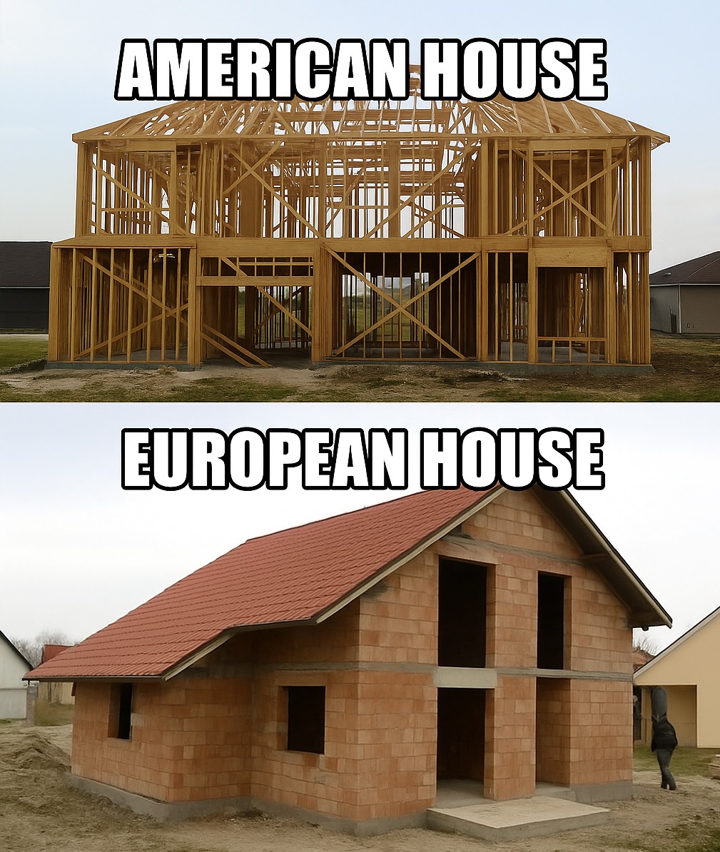 Porovnanie drevenej konštrukcie amerického domu a tehlovej stavby európskeho domu.