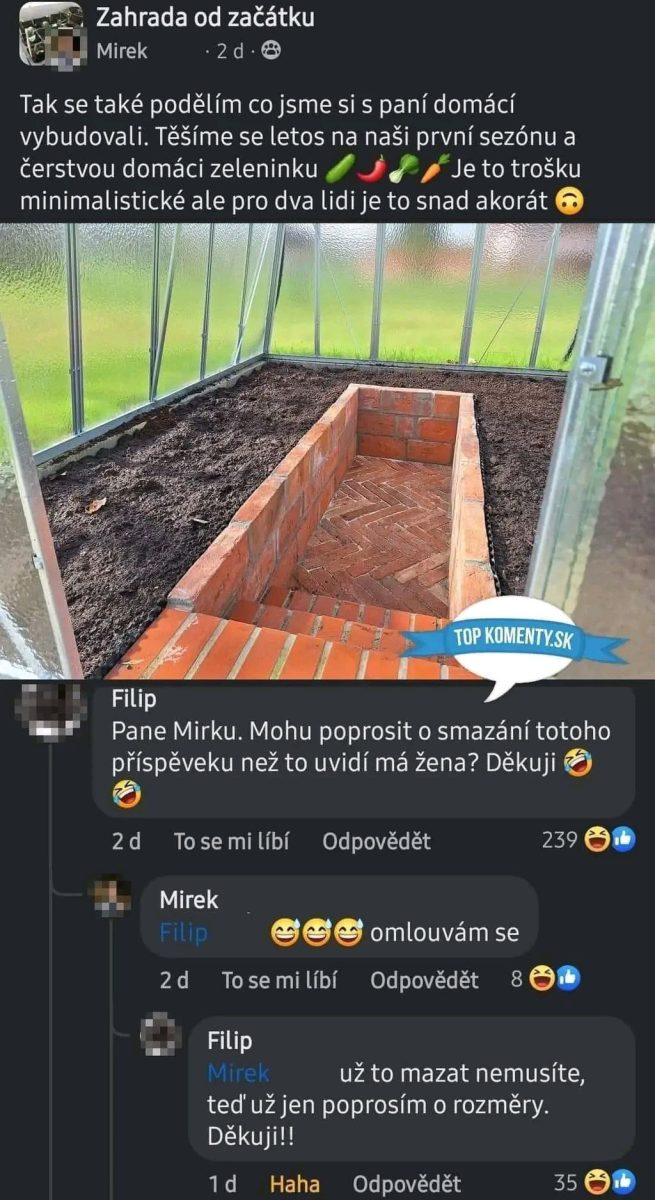 Záhrada v skleníku s vyvýšeným záhonom z tehál, diskusia pri príspevku na sociálnej sieti.