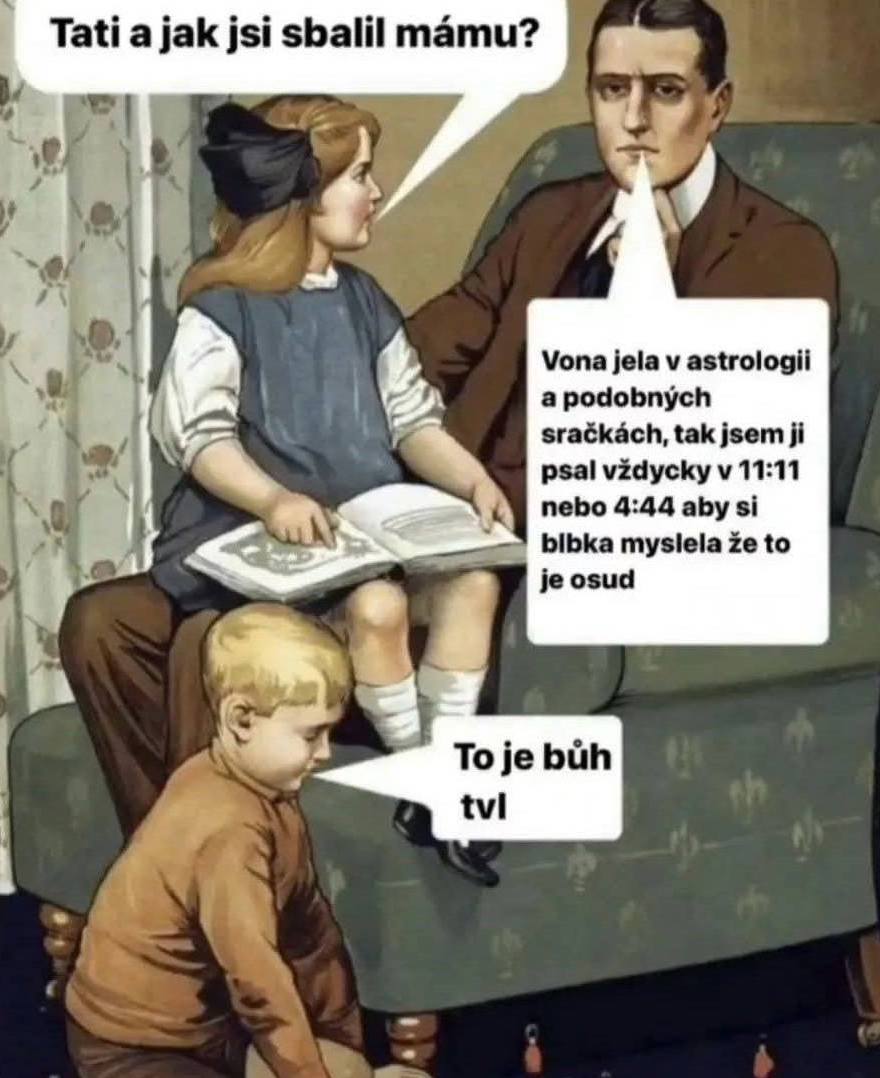 Otec vysvetľuje svoje rande s matkou pomocou humornej taktiky s astrológiou, dieťa reaguje vtipnou poznámkou.