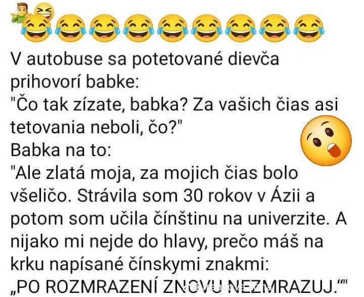 Vtipný text o konverzácii v autobuse medzi potetovaným dievčaťom a múdrou babkou, s prekvapivým koncom.