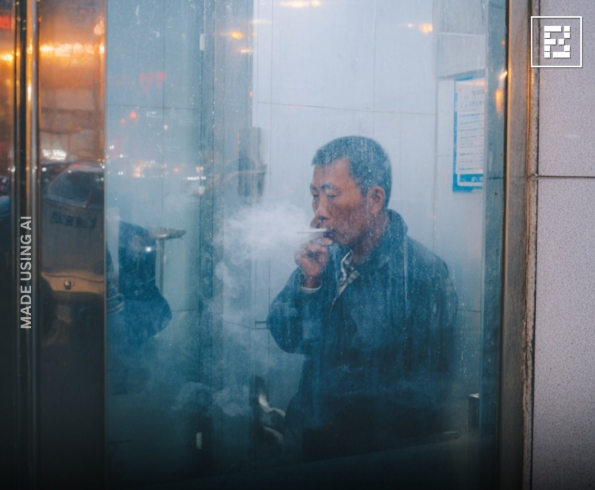 Osoba fajčiaca cigaretu za sklenenou stenou vo vnútri. Atmosféra zachytáva hustý dym a mestské osvetlenie v pozadí.