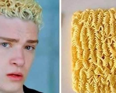Porovnanie blond účesu a instantných rezancov v svetložltých tónoch.