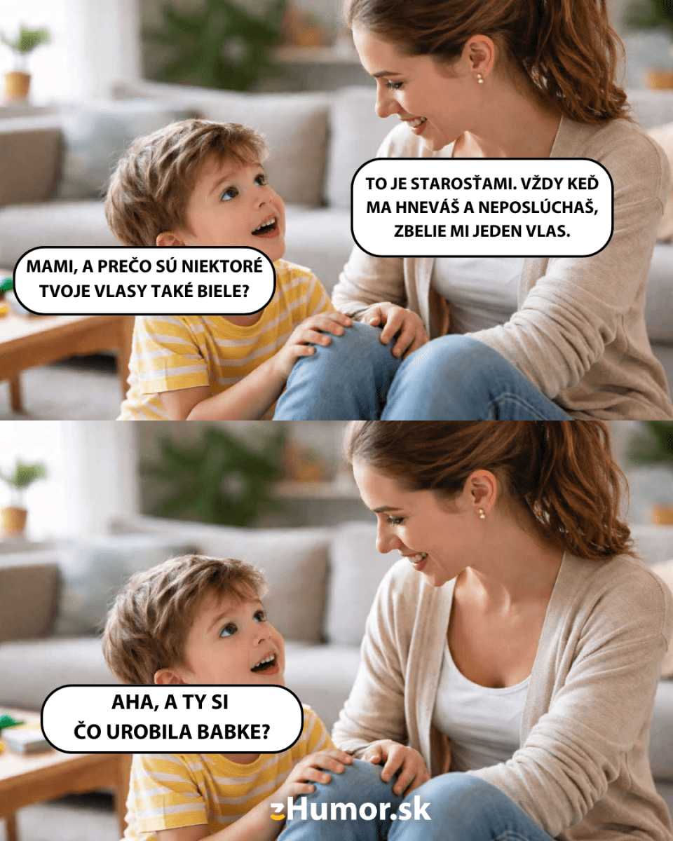 Mamička a syn sa rozprávajú s úsmevom na gauči, diskutujú o dôvode šedivých vlasov.