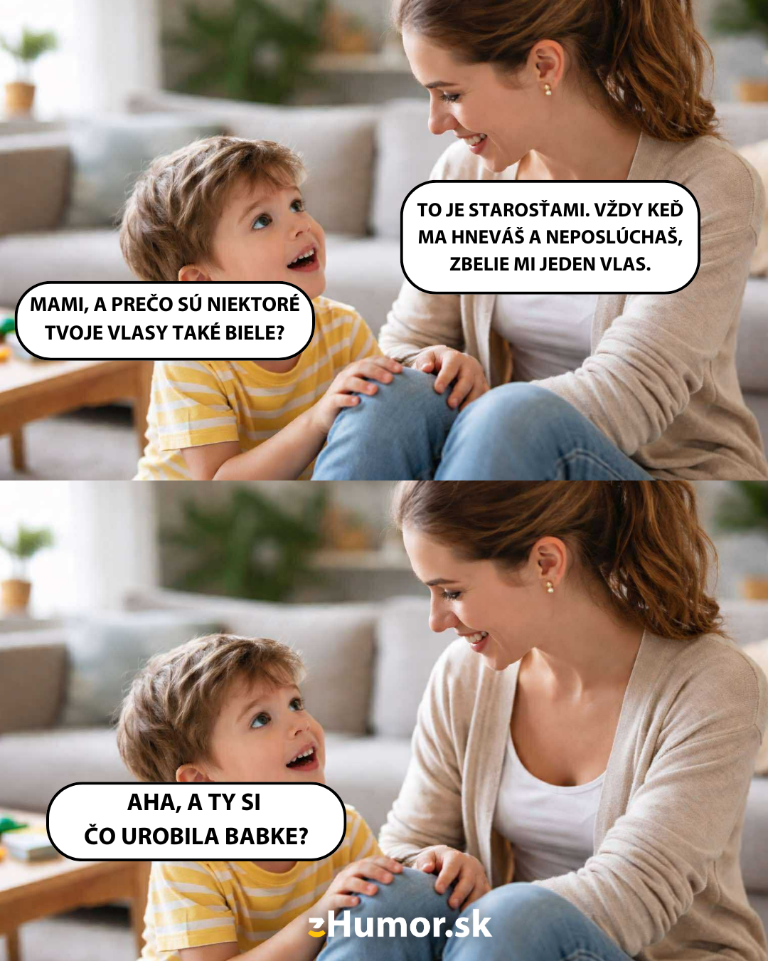 Mamička a syn sa rozprávajú s úsmevom na gauči, diskutujú o dôvode šedivých vlasov.