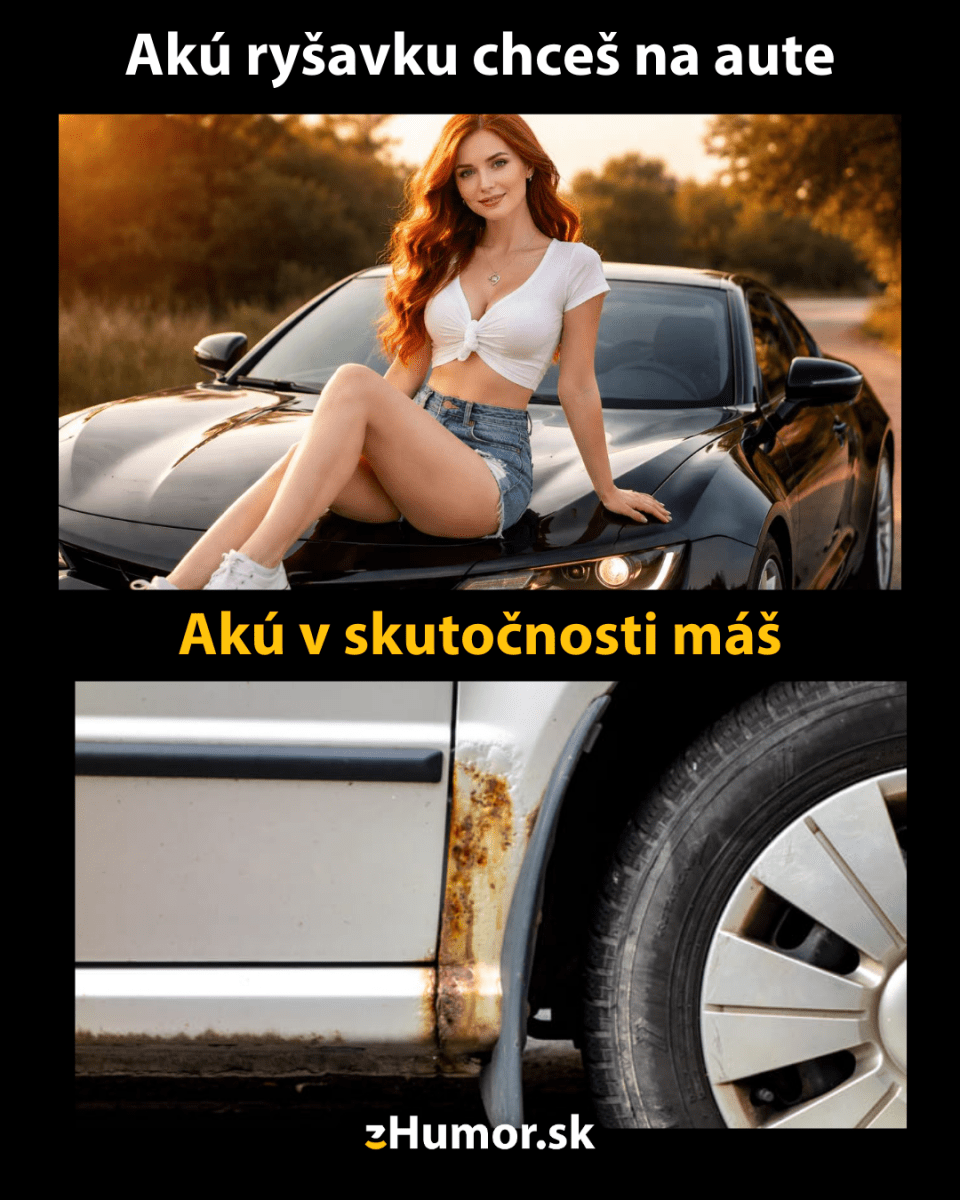 Zábavný obrázok porovnávajúci očakávanú a skutočnú ryšavku na aute.