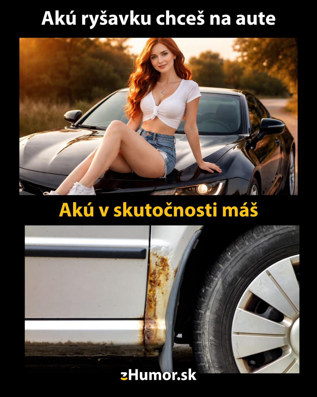 Zábavný obrázok porovnávajúci očakávanú a skutočnú ryšavku na aute.
