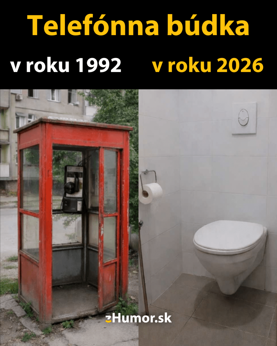 Telefónna búdka v roku 1992 a predstava modernej funkcie v roku 2026 s humorným pohľadom na pokrok.