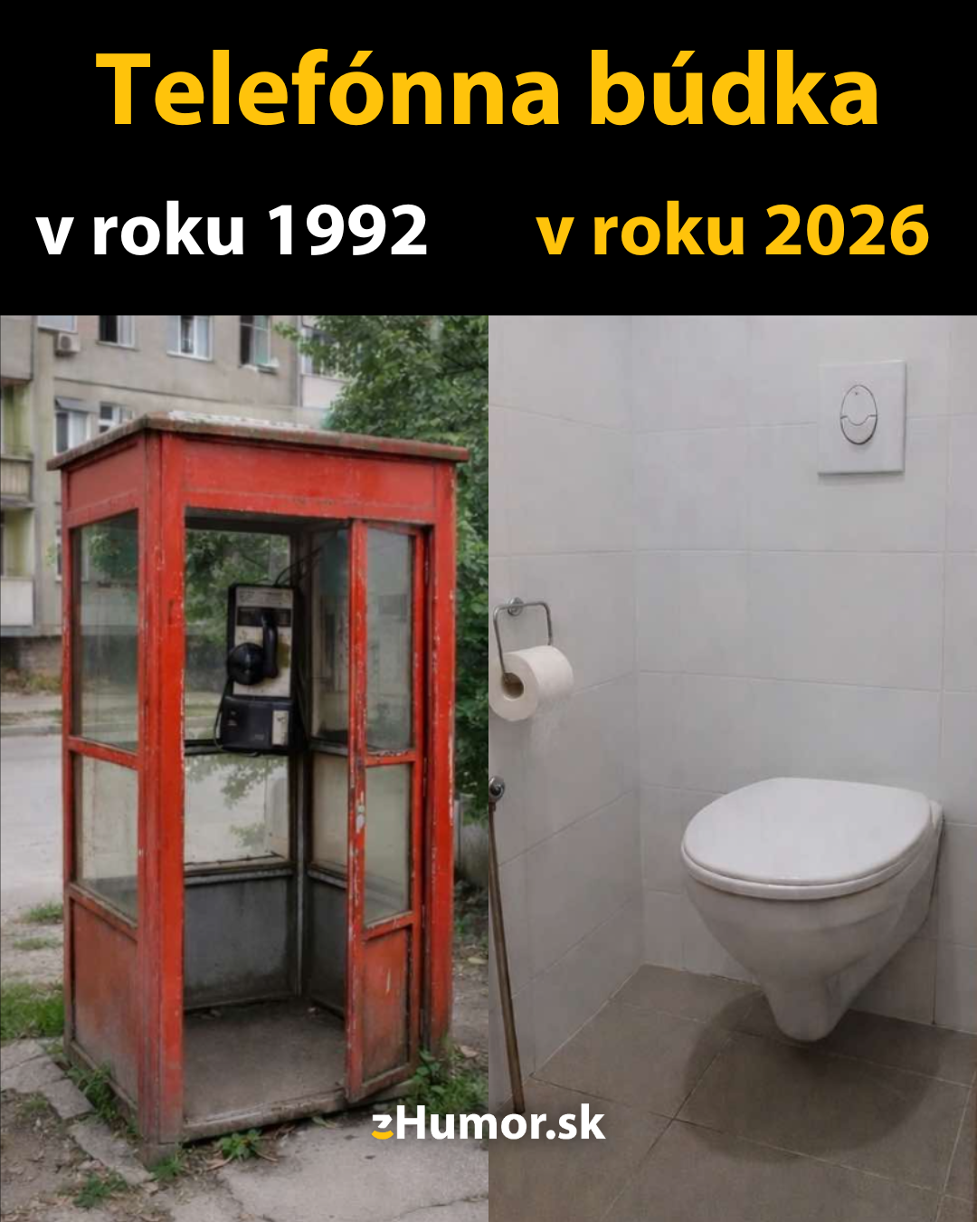 Telefónna búdka v roku 1992 a predstava modernej funkcie v roku 2026 s humorným pohľadom na pokrok.