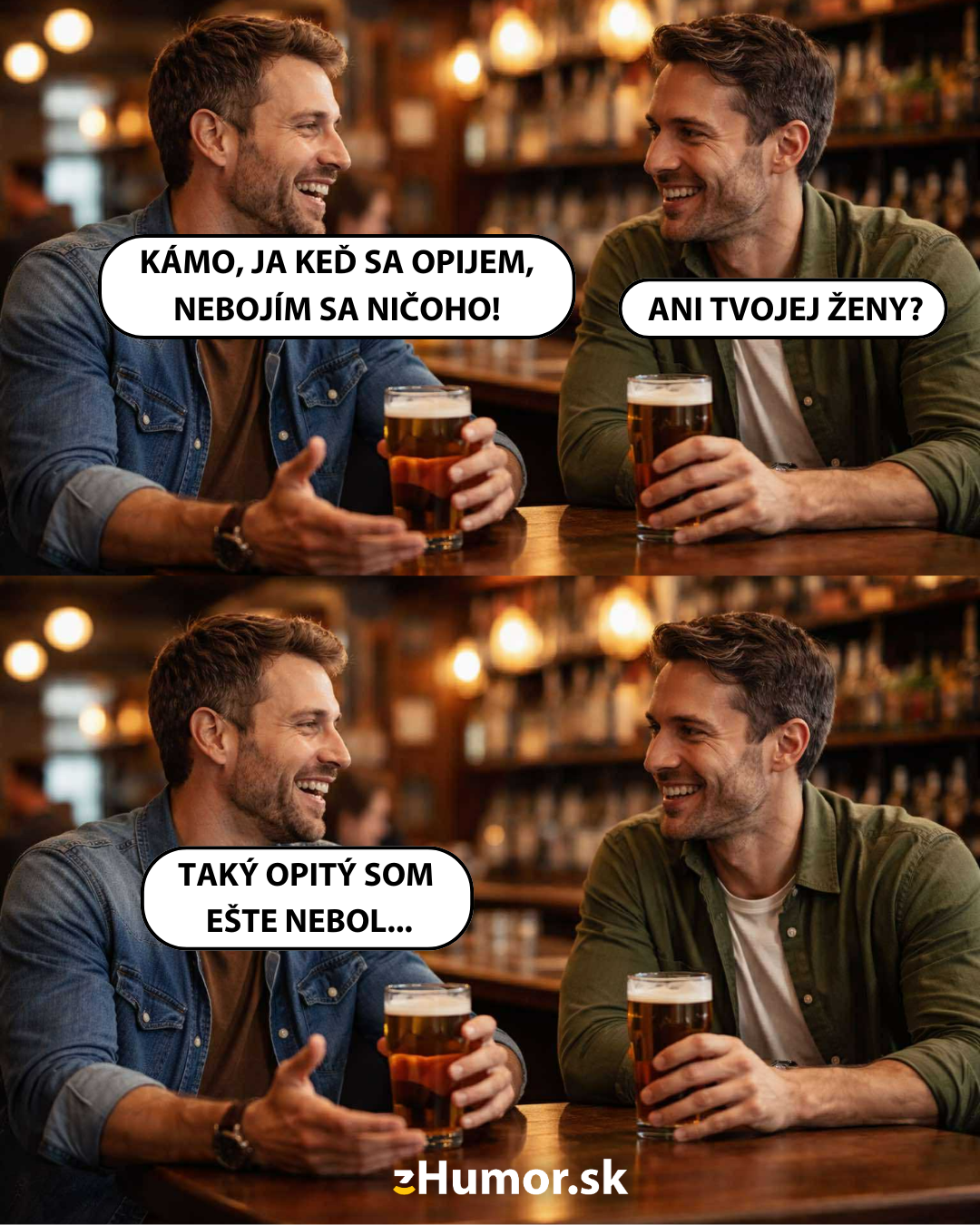 Dvaja muži s pivom v ruke žartujú v bare o statočnosti a manželkinho rešpektu.