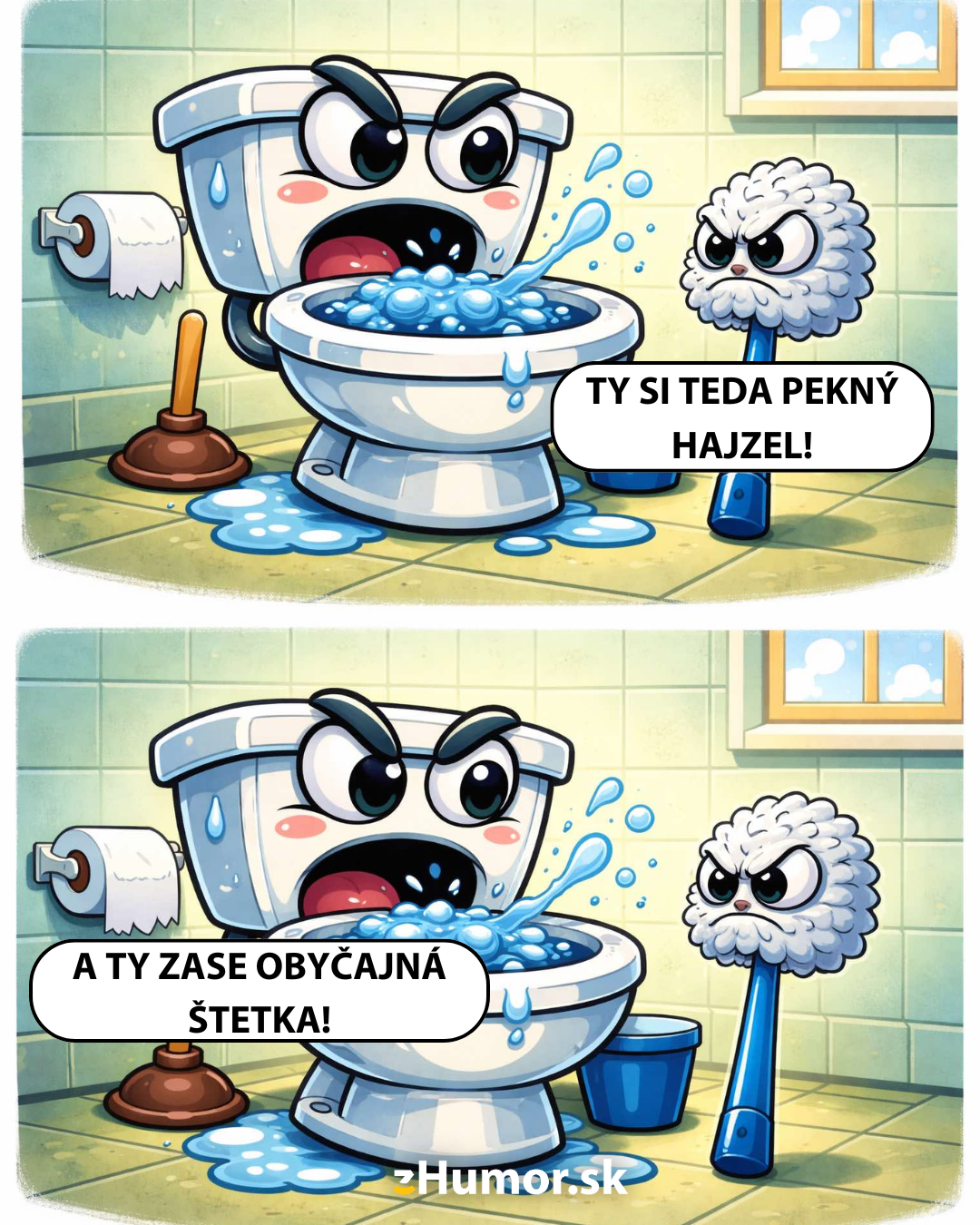 Karikatúra záchoda a kefy s komickými dialógmi v kúpeľni pre pobavenie.